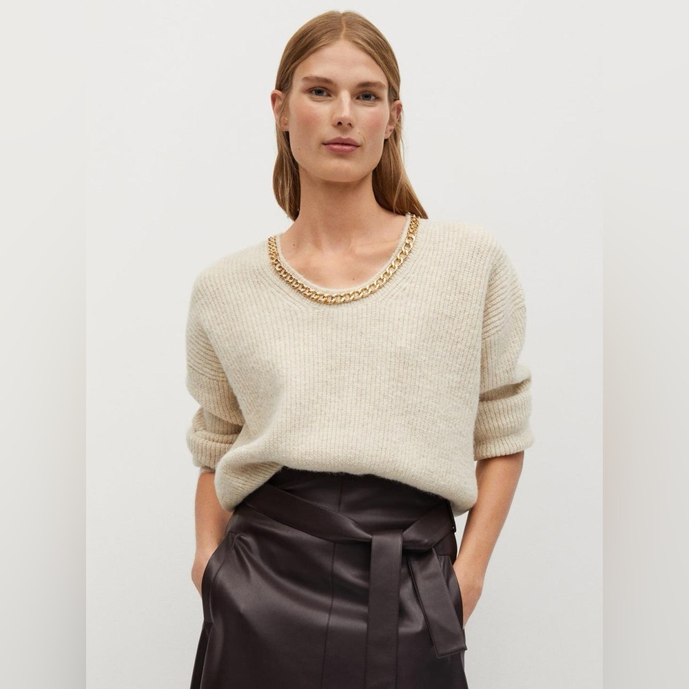Mango Cream Sweater with Gold Chain Detail